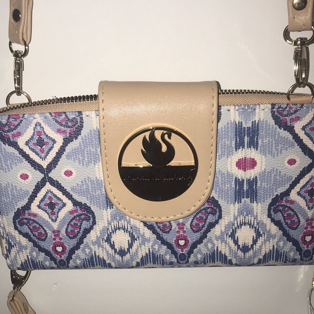 Gloria Vanderbilt Blue Ikat Paisley Crossbody Wallet Wristlet Swan Logo‎ Bag